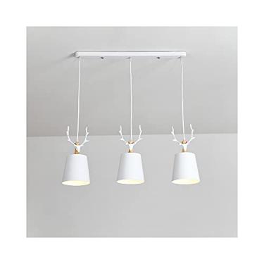 Imagem de Luminária pendente moderna E27 com design de chifre de veado para sala de jantar, com detalhes em madeira, iluminação de teto ajustável em altura.