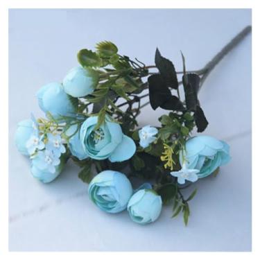 Imagem de Buquê de flores falsas para dama de honra, casamento, simulação de flores, buquê de camélia, 10 cabeças, arranjo de rosas de raiom, decoração de festa para casa (azul)