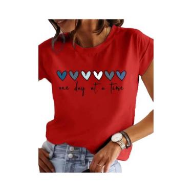 Imagem de Camiseta Casual Feminina Com Estampa De Coração, Manga Curta, Decote R