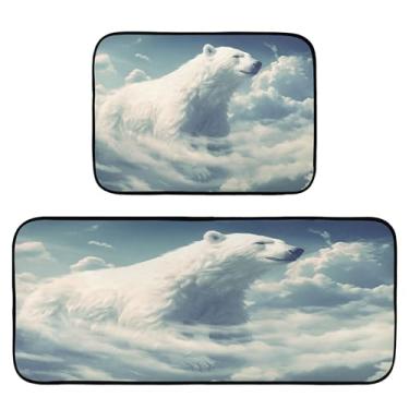 Imagem de xigua Conjunto de 2 peças de tapetes e tapetes de cozinha de urso branco absorvente macio para chão tapete de cozinha antiderrapante conjunto de capacho de cozinha, 50 x 120 cm + 50 x 70 cm