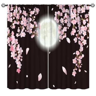 Imagem de Cortinas de janela com flor de cerejeira japonesa, lua cheia, verão, fantasia, céu, blackout, cortinas românticas, noite de cerejeira, floral, natureza, para sala de estar, quarto, café, 140 x 160 cm
