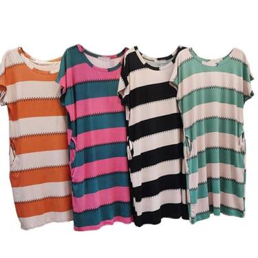 Imagem de Vestido Feminino Plus Size Malha Listrado Bolso Verão Importado /  Mod