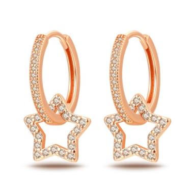 Imagem de QIKAOLA Brincos de argola banhados a ouro 14 K para mulheres, brincos de zircônia cúbica banhada a ouro rosa 14 K brincos pendentes de gota de ouro joias presente, Zircônia cúbica, Zircônia cúbica