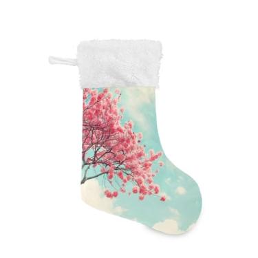 Imagem de Qilmy Lindas meias de Natal de flores de cerejeira, 1 peça, meias grandes de Natal, decorações de presente e suprimentos de festa, usadas para decoração de lareira meias decoração de árvore de Natal