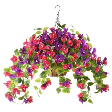 Imagem de Homsunny Cesta de plantas artificiais para pendurar flores falsas para decoração ao ar livre, plantador de buganvílias de seda sintética com aparência real resistente a UV para decoração de primavera