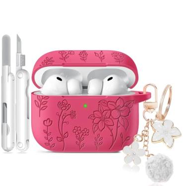 Imagem de Capa para Airpods Pro 3, capa com gravação floral compatível com AirPods Pro 3ª geração 2025, capas de silicone macio com chaveiro fofo e limpador para mulheres femininas, à prova de choque