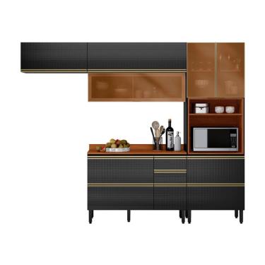 Imagem de Cozinha Compacta com 3 Vidros Reflecta Proença 6 Portas 6 Gavetas Carbono e Nogueira