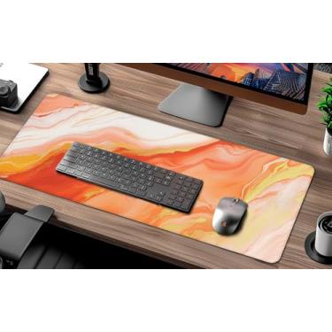Imagem de Tapete de mesa de mármore laranja, tapete de mouse grande laranja e dourado, teclado estendido à prova d'água e mousepad para trabalho, jogos, bordas costuradas e base antiderrapante, 80 x 29 cm, 3 mm