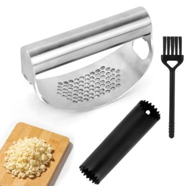 Imagem de Espremedor Alho Balanço Aço Inoxidável, Atualizado Esmagador Alho Manual com Descascador Plástico & Escova Limpeza Moedor Gengibre Portátil Picador Utensílio Cozinha Fácil Limpar