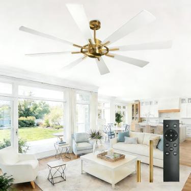 Imagem de BvenuBigLite Ventilador de teto grande para casa de fazenda: Ventilador de teto branco e dourado de 72 polegadas sem luz 8 lâminas temporizador de 5 velocidades - Ventilador externo com controle