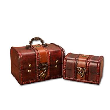 Imagem de 2 peças retro caixa de armazenamento de joias de madeira caixa de armazenamento de tesouro suporte organizador (cor: Rojo tamanho: tamanho único) (tamanho único vermelho)