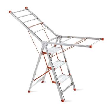 Imagem de Escada de ar de roupas multifuncional Airer de roupas de uso duplo aço inoxidável engrossado varanda piso dobrável arejador interno externo (cor: escada de 3 degraus)