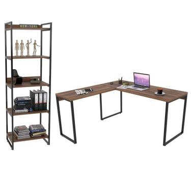 Imagem de Conjunto Escritório Mesa 150xE Estante 5 Prateleiras Nogal
