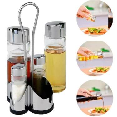 Imagem de Kit Galheteiro de Vidro Jogo 4 Peças com Suporte Metal Azeite Sal Vina