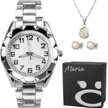Imagem de Relógio Feminino Aço Inox Prata + Brincos + Caixa prova dagua analogic