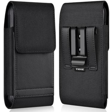 Imagem de ykooe Coldre compatível com iPhone Pro Max (16 15 14 13 12 11) Galaxy Plus/FE (S25 S24 S23 S22 S21), capa de nylon para celular com clipe e bolsa de cartão de couro para homens, preto - G