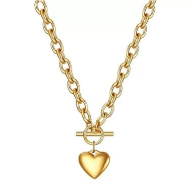 Imagem de KOFISNI Colares grossos de coração dourado para mulheres, colar de coração dourado, colar de elos prateados, clipe de papel, gargantilha grossa, colar com pingente de coração, joia moderna, 52cm,