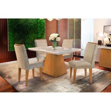 Imagem de Conjunto: Mesa Sala Jantar Luna c/ Tampo Madeirado Canto Reto 120cm + 4 Cadeiras Lunara Imbuia/Capuccino Chocolate - Rufato