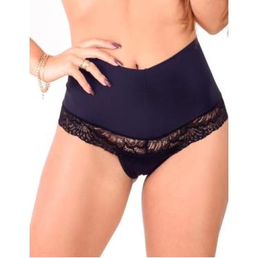 Imagem de Calcinha cós duplo alto preta com renda firmadora microfibra poliamida
