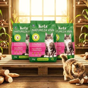 Imagem de Kit 3 Areia Higienica Graos Finos 12kg Gato Mandioca Vegetal - Kets