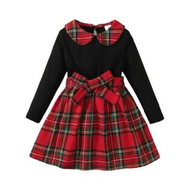 Imagem de Vestido De Princesa Com Manga Longa Em Estampa Xadrez Para Meninas De 