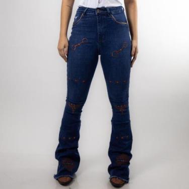 Imagem de Calça Jeans Azul Feminina Flare Intense Bordada Moda Country Sessions 