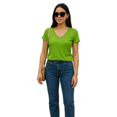 Imagem de T-shirt Feminina Acostamento Gola V Fashion Conforto, P, Verde