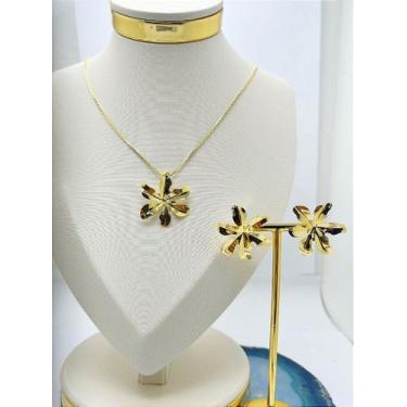 Imagem de Conjunto de Colar e Brinco Flor Orgânica em Banho de Ouro 18k - 2 Milé