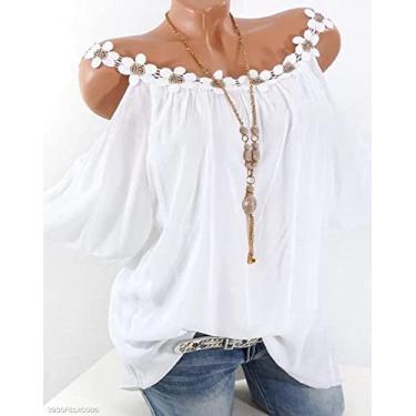 Imagem de yeacher -border roupas femininas europeias e americanas 2020 verão desejo rendas gola redonda sem alças camiseta de cor sólida feminina branca 2XL