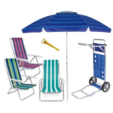 Imagem de Kit Praia Carrinho Com Avanço + 3 Cadeira Reclinável Alumínio 8 Posições + Guarda Sol 2m + Saca Areia - Mor