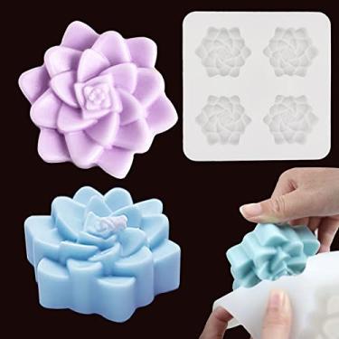 Imagem de Molde de silicone suculenta, molde de sabão de silicone de 4 cavidades, molde de flores de plantas suculentas para sabonete bombas de banho vela resina artesanato de concreto, decoração de bolo de chocolate artesanal biscoito de sobremesa pudim gelo