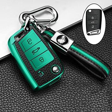 Imagem de YJADHU Capa de chave de carro de couro TPU masculina feminina, apto para Volkswagen VW Golf 7 mk7 Seat Ibiza Leon FR 2 Altea Aztec Skoda Octavia A7, B, chaveiro verde