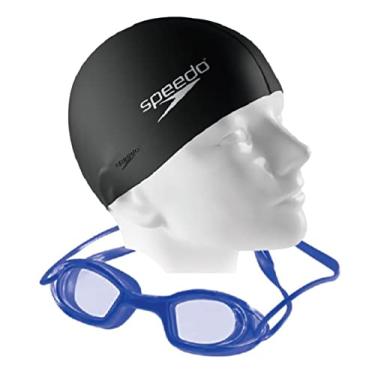 Imagem de Kit Óculos Natação Speedo Mariner + Touca Flat Silicone (Azul - Transparente/Touca Flat Preta)