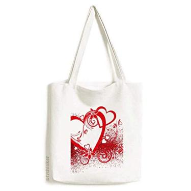 Imagem de Bolsa de lona branca vermelha com corações flores Dia dos Namorados bolsa de compras casual