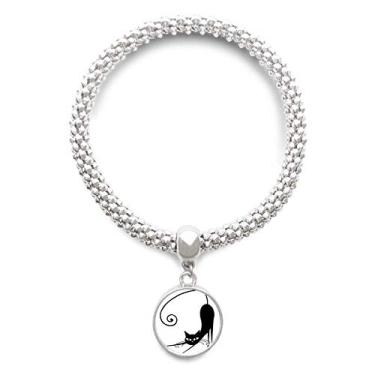 Imagem de DIYthinker Pulseira de prata com desenho de animal de Halloween e gato preto elástico com pingente de corrente ajustável