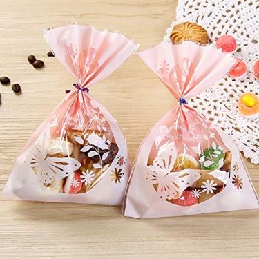 Imagem de 100 sacos de plástico faça-você-mesmo com borboleta rosa doce com gravatas douradas metálicas para biscoito padaria decoração bolsas, biscoito para assar presente
