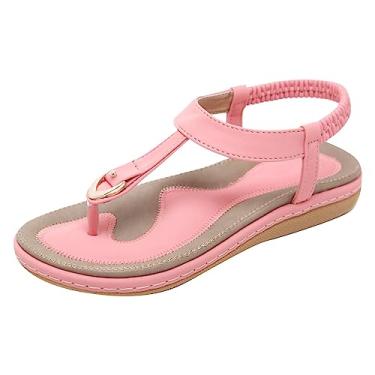 Imagem de Sandálias rasteiras de tira no tornozelo para mulheres casuais verão praia linda tanga chinelos sandálias anabela para mulheres sexy, rosa, 8