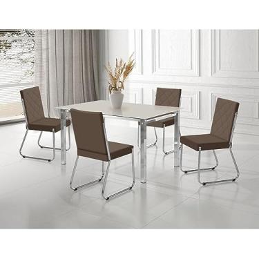 Imagem de Conjunto Sala de Jantar Mesa Ortenia Tampo Vidro com 4 Cadeiras Dinah Cromado/marrom/off White