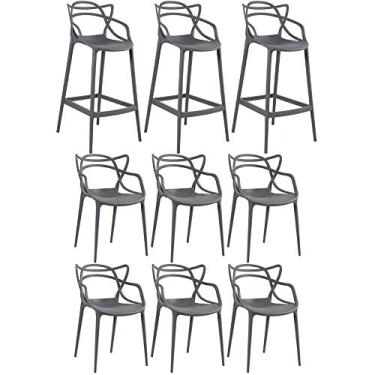 Imagem de Loft7, KIT - 6 x cadeiras + 3 x banquetas altas Masters Allegra - Cinza escuro