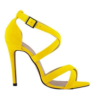 Imagem de Sapatos femininos peep toe de casamento clássicos cor doce bico fino vestido stiletto sapato 11 cm sexy tira no tornozelo sandália de salto alto, Amarelo, 7.5