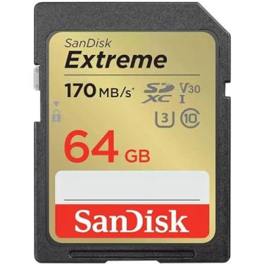 Imagem de SanDisk Cartão de memória 64GB Extreme SDXC UHS-I - C10, U3, V30, 4K, UHD, cartão SD - SDSDXV2-064G-GNCIN, Cor: Cinza/dourado