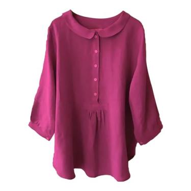 Imagem de Blusa plus size para mulheres, folgada, algodão, linho, manga curta, casual, gola redonda, abotoada, camiseta de praia, Rosa choque, GG
