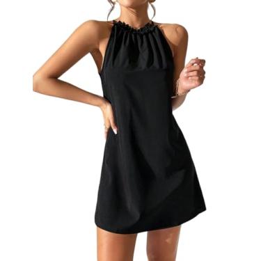 Imagem de Camisa Feminina Solid Frill Trim Halter Neck Dress (Color : Black, Size : Petite M)