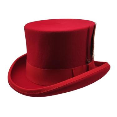 Imagem de Willheoy Chapéu de lã masculino forrado com cetim preto chapéu alto fantasia de Natal boné vermelho