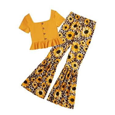 Imagem de SOLY HUX Conjunto de duas peças para meninas, camiseta de manga curta, camiseta estampada e calça flare com estampa floral, Girassol amarelo, 8 Anos