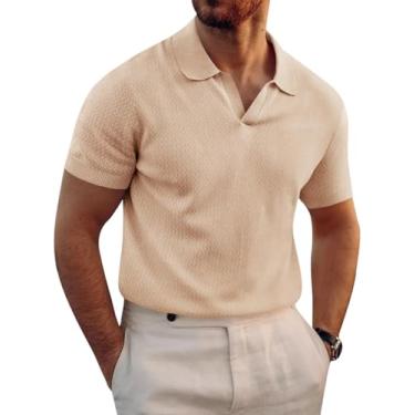 Imagem de Runcati Camisa polo masculina de malha muscular manga curta gola V stretch casual slim fit vintage canelada camiseta de golfe, Caqui, G
