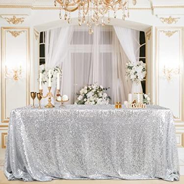 Imagem de B-COOL Toalha de mesa de lantejoulas decoração de mesa de casamento 127 x 127 centímetros tecido de mesa quadrado de ação de graças toalha de mesa brilhante sobreposições glitter prata lantejoulas