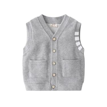 Imagem de Yueary Toddle Suéter masculino de malha sem mangas, gola V, colete colorido, leve, roupas de bebê, blusa moderna com bolso, Cinza, 3-4T
