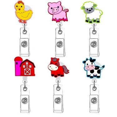 Imagem de 6 peças de bobina retrátil para crachá de animais de fazenda com clipe bonito retrátil para crachá de identificação para porta-cartões de identificação para funcionários de escritório, crianças e crianças