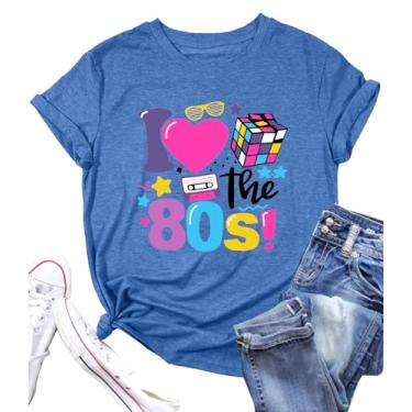 Imagem de PECHAR Camiseta feminina I Love The 80's Vintage 80s Music Graphic Camiseta de manga curta para festa dos anos 80, Azul, P